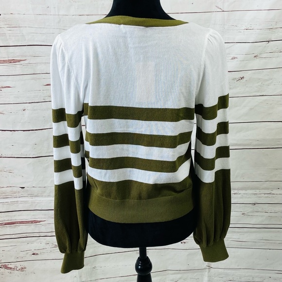 Michael Kors Sweater Women’s Medium Olive White Cardigan Striped Long Sleeve. - Picture 4 of 12